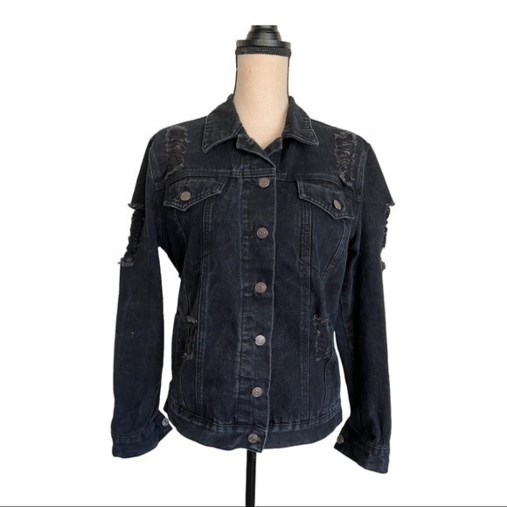 The Rockn Rev Ripped Super Distressed Black Jean Jacket Size 6